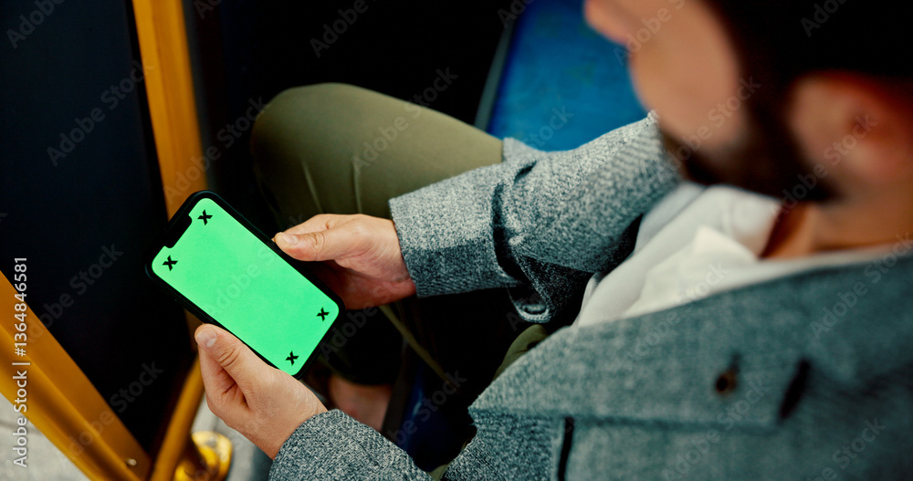 Poster Business, man and phone with green screen in bus, travel and user experience with tracking marker. Passenger, mobile touchscreen and ui display with app, mock up space and contact on public transport