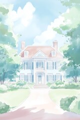 Traditional American colonial house watercolor, soft colors, symmetrical, trees on sides, blue sky with clouds, pastel colors, architecture