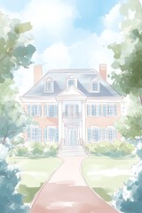 Bright watercolor painting of a colonial house with dramatic lighting, deep colors, and bold brushstrokes