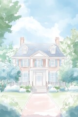 Watercolor painting of a classic American colonial house with pastel sky and trees on the sides