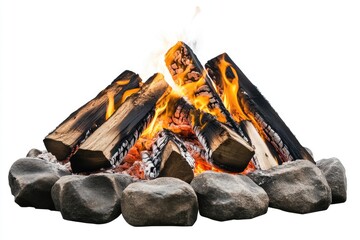 Burning wood fire surrounded by stones.  A warm, inviting blaze of logs crackling and glowing brightly, nestled within a circle of natural-looking stones