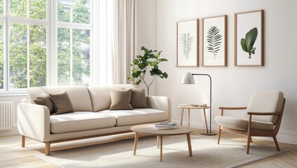 Modern living room furniture with natural light and artwork