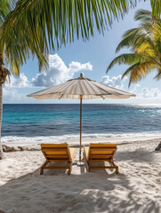 Obraz premium Sunbeds and beach umbrella on tropical sandy beach