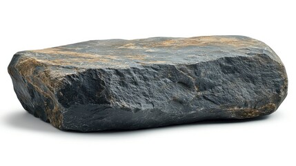 Dark, rough-textured rock, rectangular, isolated on white.  Shows natural, irregular surface