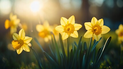 Obraz premium Daffodils blooming in the warm glow of sunrise or sunset ambience