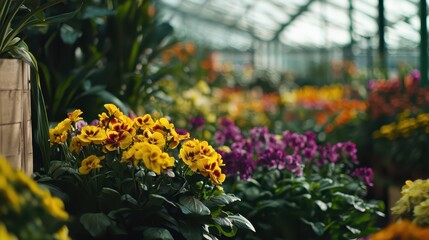 Obraz premium A greenhouse filled with an array of colorful pansies showcases bright yellow, purple, and pink flowers. Sunlight streams through the glass, enhancing the colors