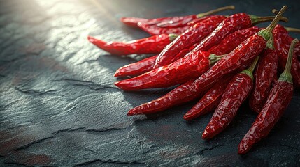 Several red chili peppers are resting on a dark stone surface