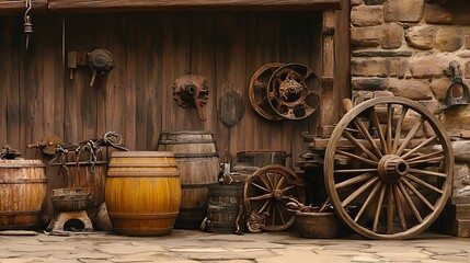 Obraz premium Rustic Still Life Wheels, Barrels, Tools in Old Workshop. Vintage Decor use