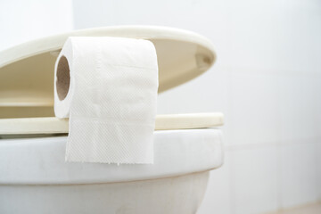 A roll of toilet paper in the restroom. Roll of tissue paper placed on top of a white toilet bowl.