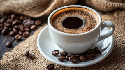 Fototapeta premium A steaming cup of rich black coffee rests on a small plate, accompanied by scattered roasted coffee beans