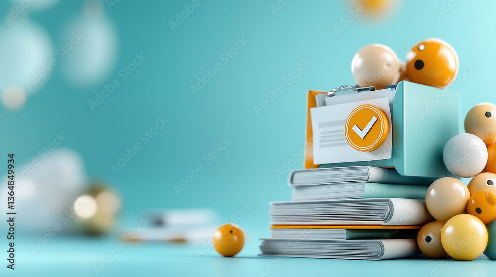 Aufkleber stack of books is topped with document folder featuring checkmark, surrounded by colorful spheres, set against soft blue background, creating playful and organized scene