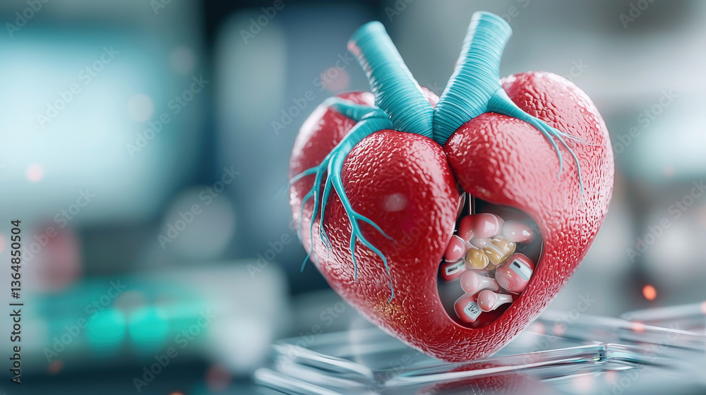 Poster 3d heart model with glowing pulse, symbolizing life and vitality, is depicted with intricate details