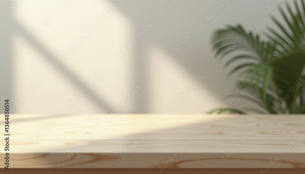 Poster minimalist wooden table with shadows and greenery background