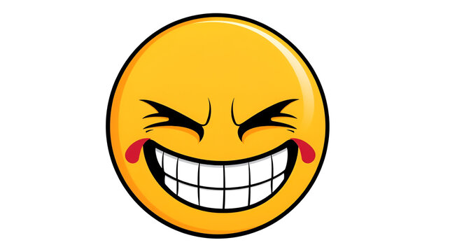 A modern cartoon face with a gloat laugh emoji, characterized by angry eyes and a toothy laughing mouth, exemplifies a malefactor's facial expression of humorous feelings on a white background