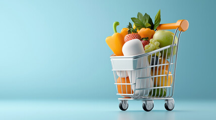 small shopping cart filled with colorful fruits and vegetables, including bell peppers, strawberries, and grapes, stands against light blue background. vibrant colors create cheerful and fresh