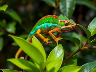 Fototapeta premium Colorful Panther Chameleon Perched on Green Leaves Wildlife Photography, Reptile, Tropical Nature.