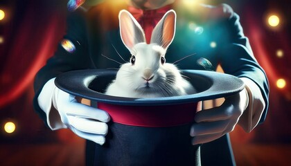 Magician performs classic rabbit trick in vibrant theater setting at night