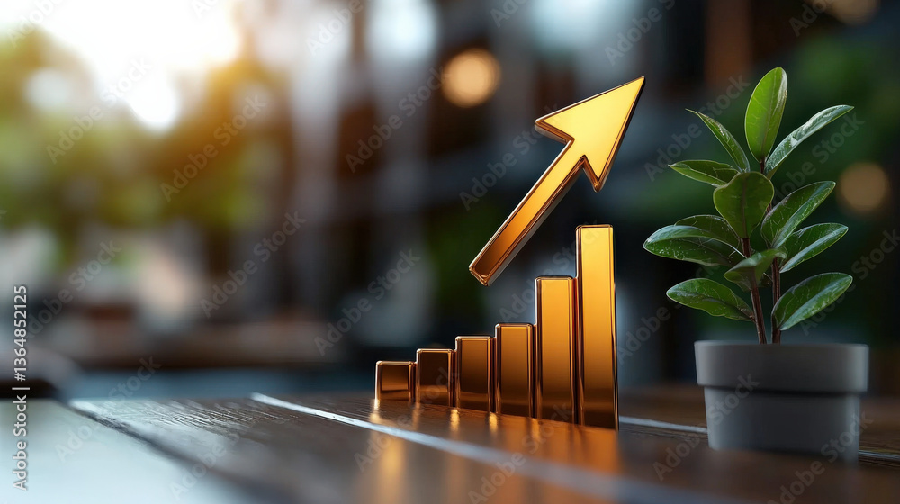 Poster 3d bar graph with upward arrow symbolizes growth and success, set against blurred background with sm