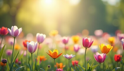 Colorful tulips blooming in sunlight against a vibrant garden  