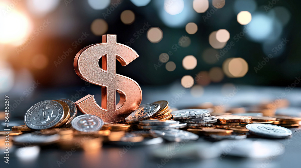 Leinwandbilder shiny 3d dollar sign stands prominently among pile of coins, reflecting light and creating sense of 