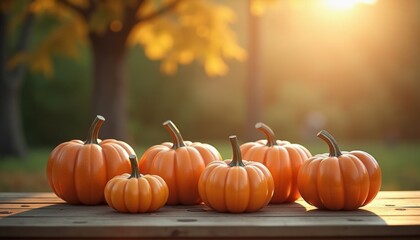 Pumpkin display in autumn sunset with warm lighting  