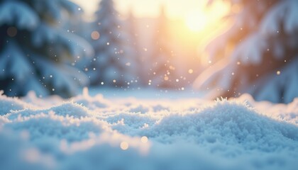 Snowy landscape illuminated by sunlight during winter  