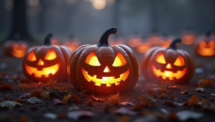 Spooky Jack-o'-lanterns glowing in a misty Halloween forest  