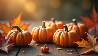 Autumn pumpkins arranged with colorful leaves on a wooden table  