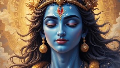 Meditating Woman with Blue Skin Wearing Golden Jewelry and Headdress