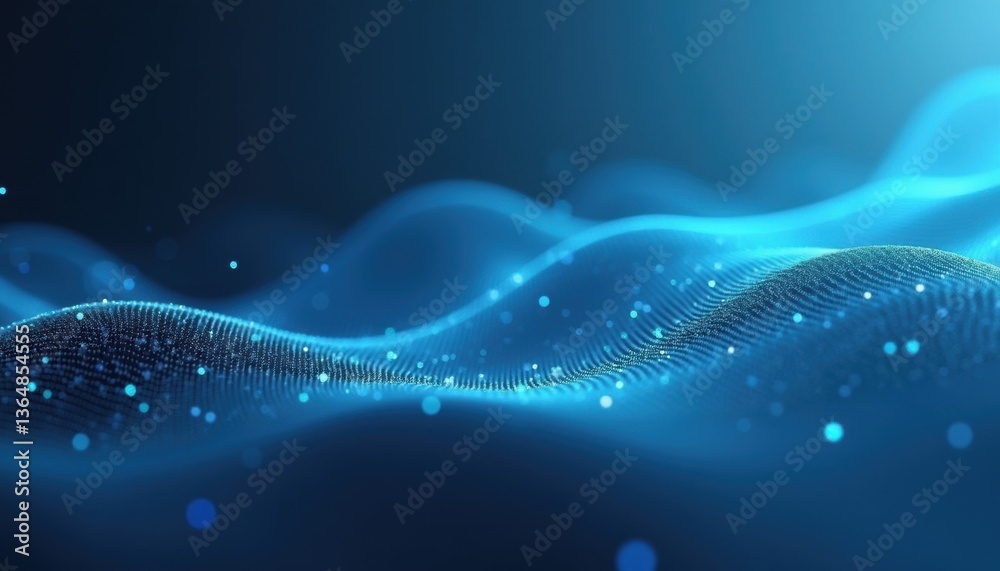 Poster abstract blue waves with glowing particles in a digital environment
