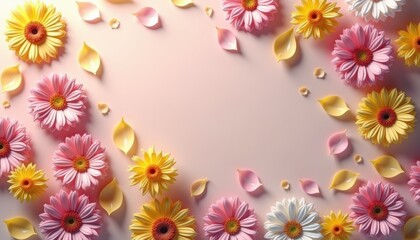 Vibrant flowers arranged artfully on a pastel background  