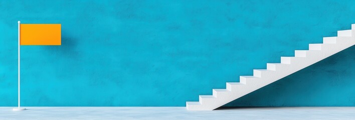 Orange Flag on Pole Next to White Steps Against Teal Wall Concept Of Goal Achievement and Ambition In Modern Minimalist Setting