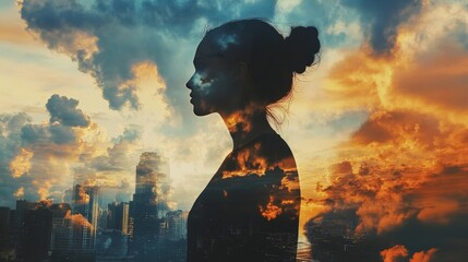 Silhouette of a woman with clouds and cityscape overlay, symbolizing reflection, dreams, and urban life.