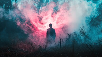 Obraz premium Silhouette of a person standing in a field of smoke with a colorful backdrop.