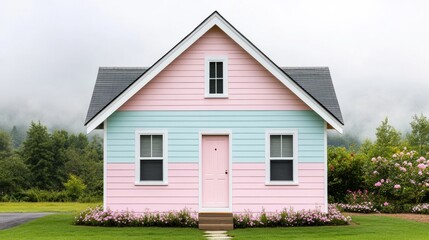 Obraz premium Charming pink and blue cottage countryside architectural photography lush greenery front view home design inspiration