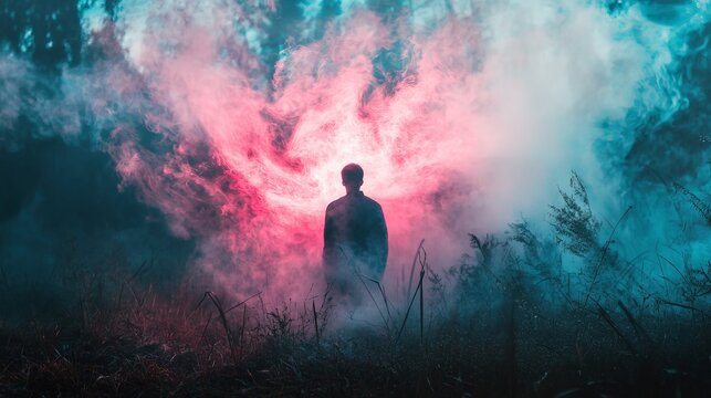 Silhouette of a person standing in a field of smoke with a colorful backdrop.
