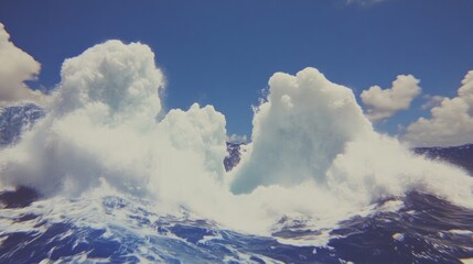 Powerful waves crashing against icy mountains under a vibrant blue sky