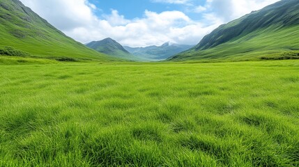 Fototapeta premium Lush green meadow stretches into a mountain valley under a vibrant sky. A vast expanse of grassy field leads to a picturesque mountain range