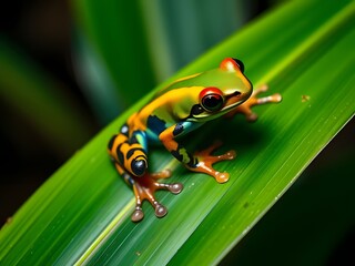 Vivid Red-Eyed Tree Frog Resting on a Lush Green Leaf, Tropical Rainforest Wildlife.