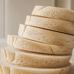 A stack of fresh sliced bread on a wooden table