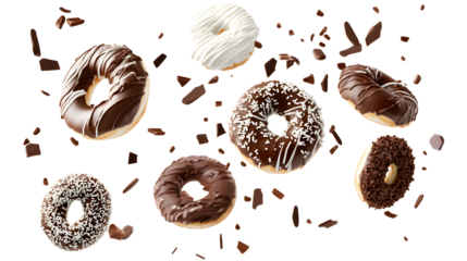 A close-up of a variety of donuts with chocolate and sprinkles