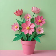 Obraz premium A pink flower pot with paper flowers in it, decorated for Mother's Day, on light green background, simple