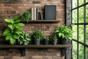 Indoor shelf with plants and books on brick wall. interior decor and lifestyle