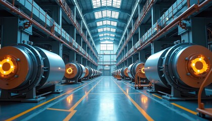 Fototapeta premium Industrial Factory Interior with Large Metal Machines and Glowing Orange Cores