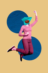 Creative artwork template sketch image 3D collage of caricature young woman body paper origami...