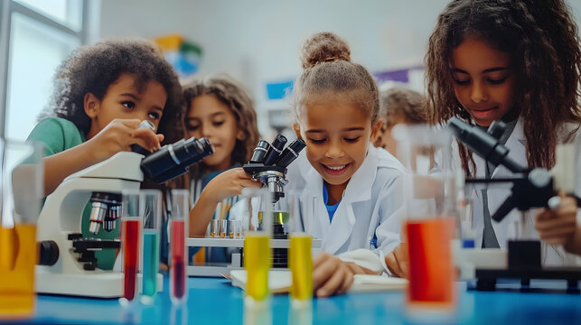 A group of diverse kids in a science classroom, enthusiastically conducting an experiment with test tubes and a microscope. The scene captures curiosity, education, and teamwork.