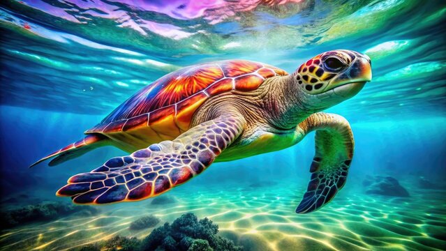 Double Exposure Sea Turtle Underwater Photography: Vibrant Shell Patterns, Blue Green Hues