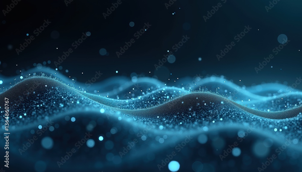 Poster abstract waves flowing in blue with glowing particles