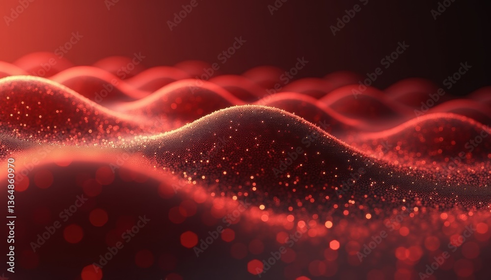 Poster Abstract red waves with shimmering particles against a dark background  