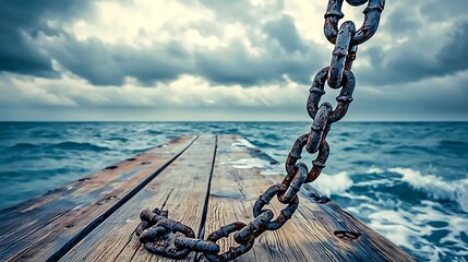 Rusty chain stretches across weathered wooden pier into stormy sea